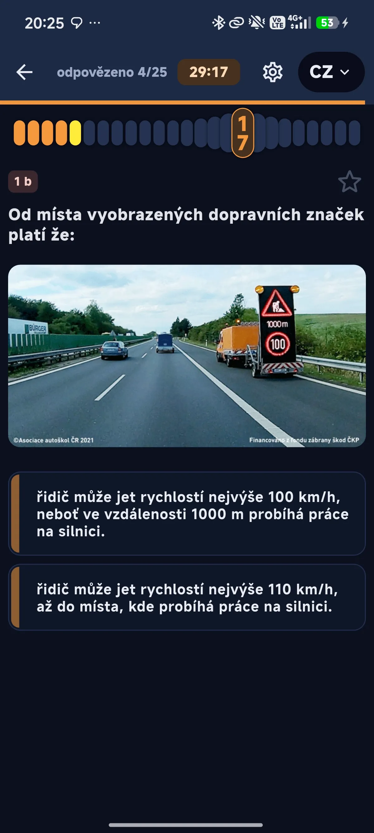 Probíhající zkouška v Cestiq s odpočtem času a otázkou s fotografií