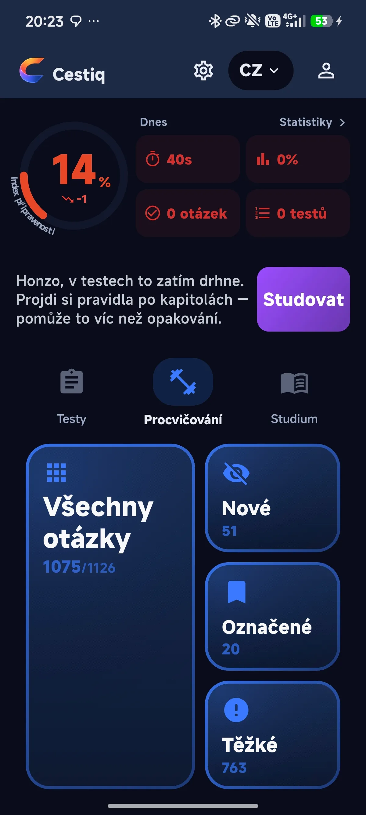 Rozcestník procvičování v Cestiq s dlaždicemi Všechny otázky, Nové, Označené a Těžké