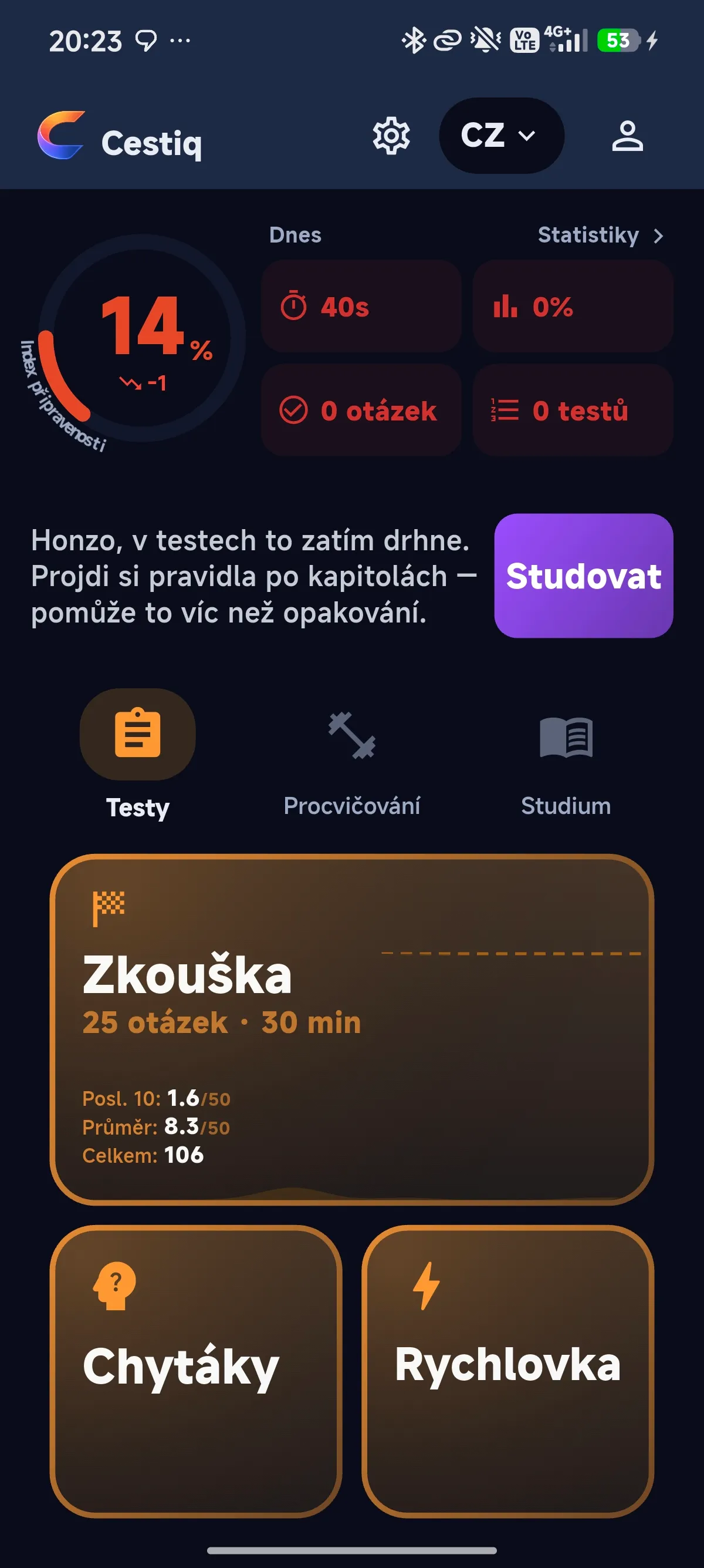 Úvodní obrazovka Cestiq s indexem připravenosti a kartami Zkouška, Chytáky a Rychlovka