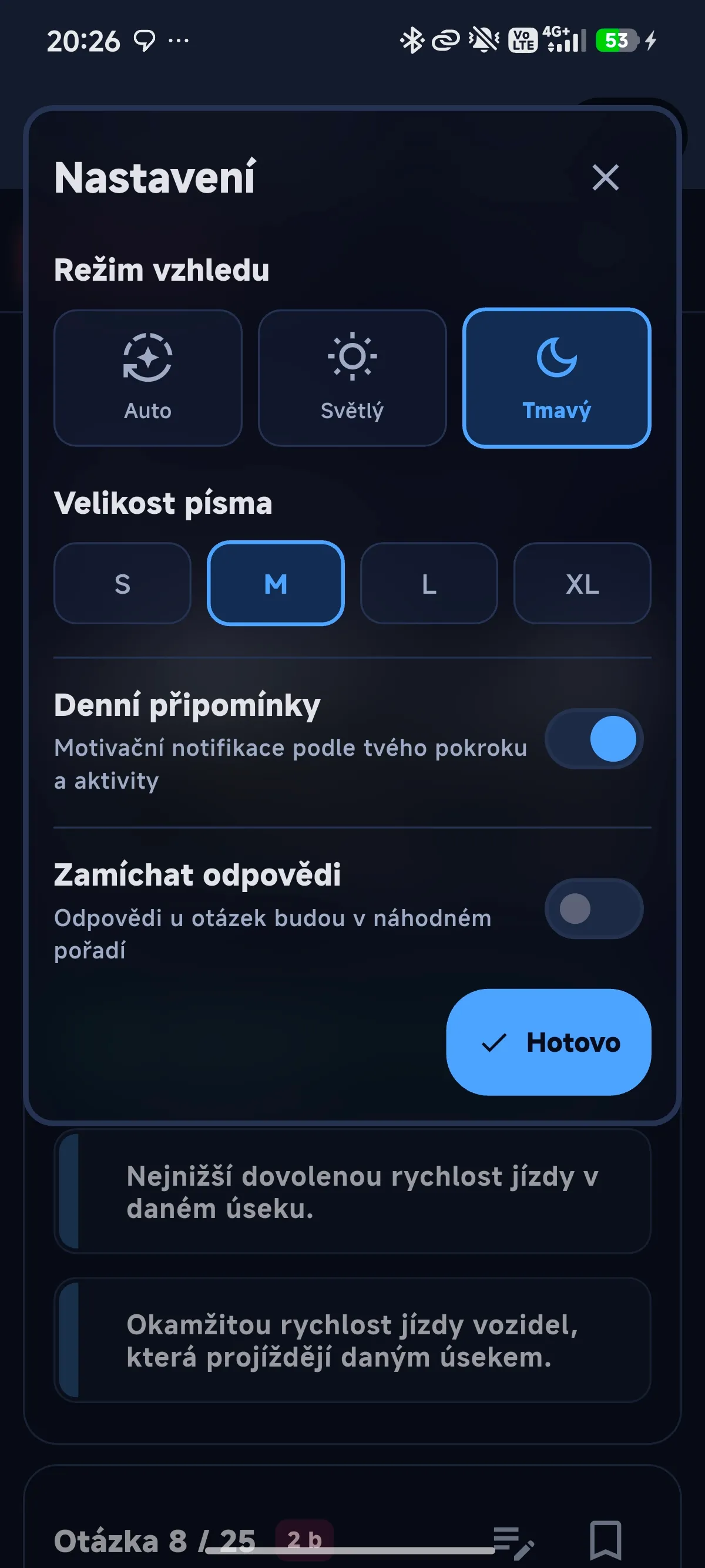 Nastavení Cestiq s režimem vzhledu, velikostí písma a denními připomínkami