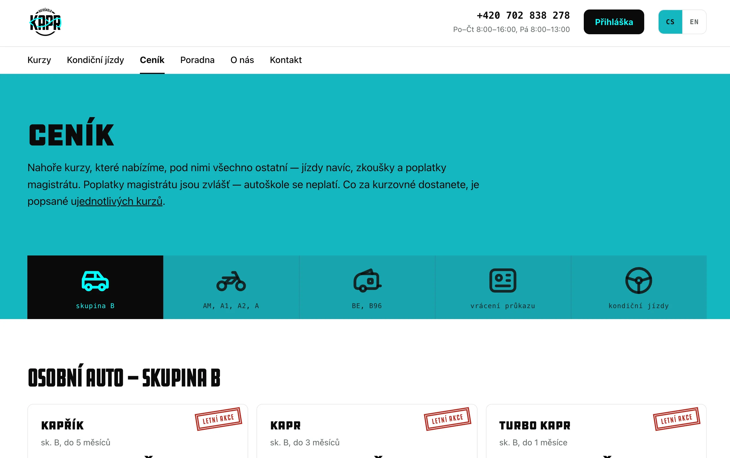 Ceník Autoškoly Kapr s přepínačem skupin a balíčky kurzů