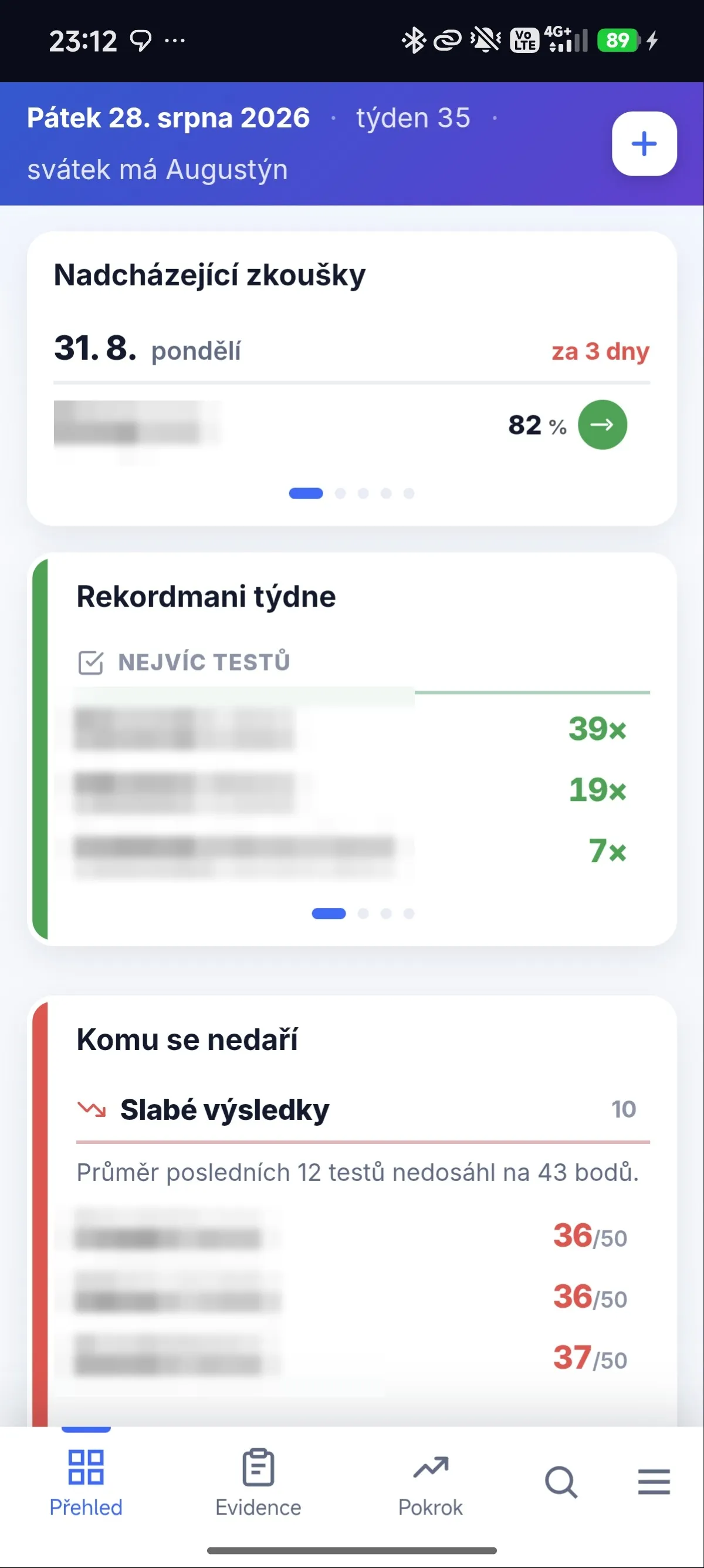 Portál autoškoly na telefonu — nadcházející zkoušky, rekordmani týdne a signály, komu se nedaří